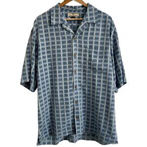 Tommy Bahama 100% Silk Blue Checkered Button Down Short-sleeve Shirt Medium